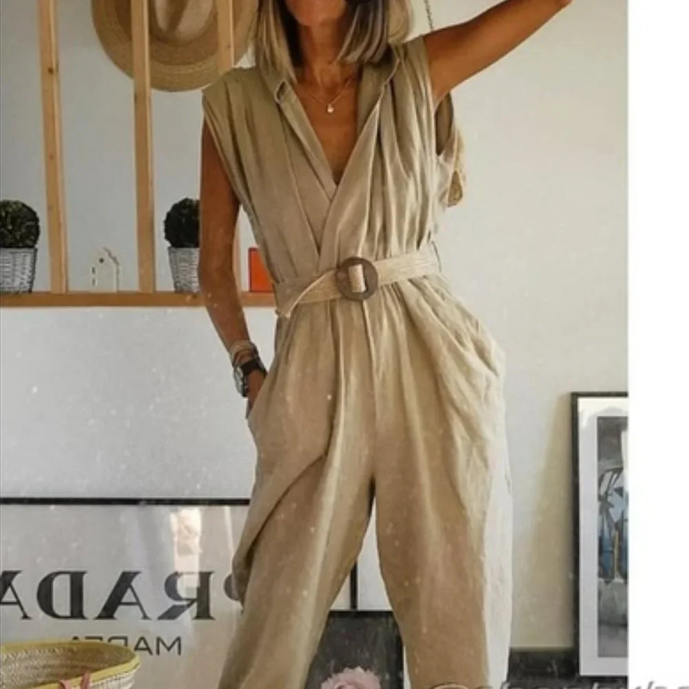 Zara Linen Blend Belted Jumpsuit Sand Sz XL, L